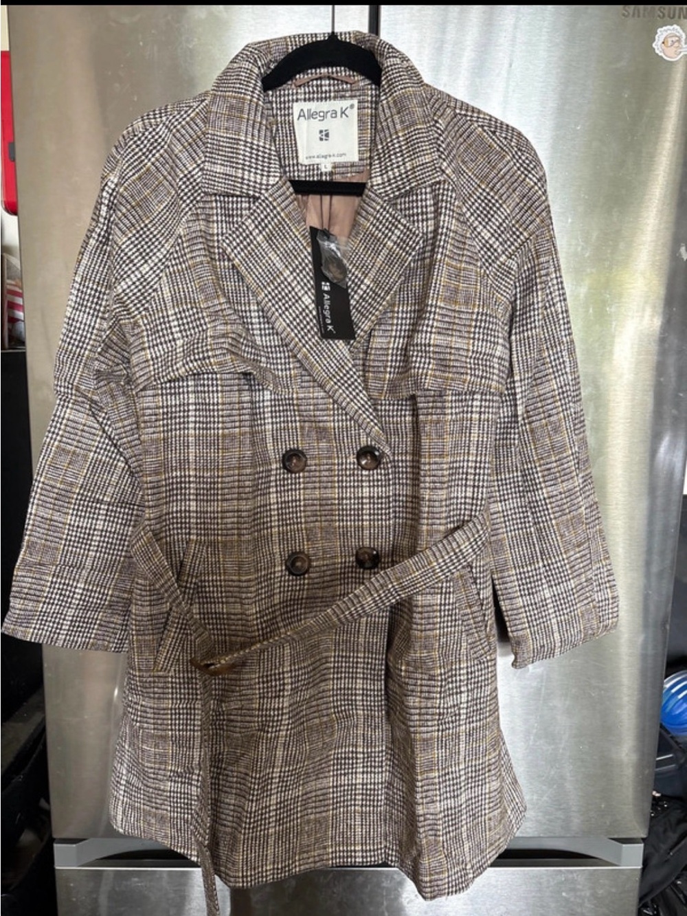 Allegra K Plaid Double-Breasted Belted Blazer in Brown and Tan